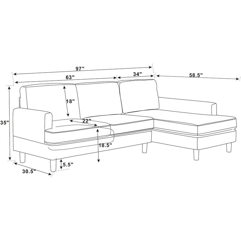 97" Antique Yellow Corduroy Sofa & Chaise, 58x97x35 inches, 189 lbs, Modular, Polyester Cushions