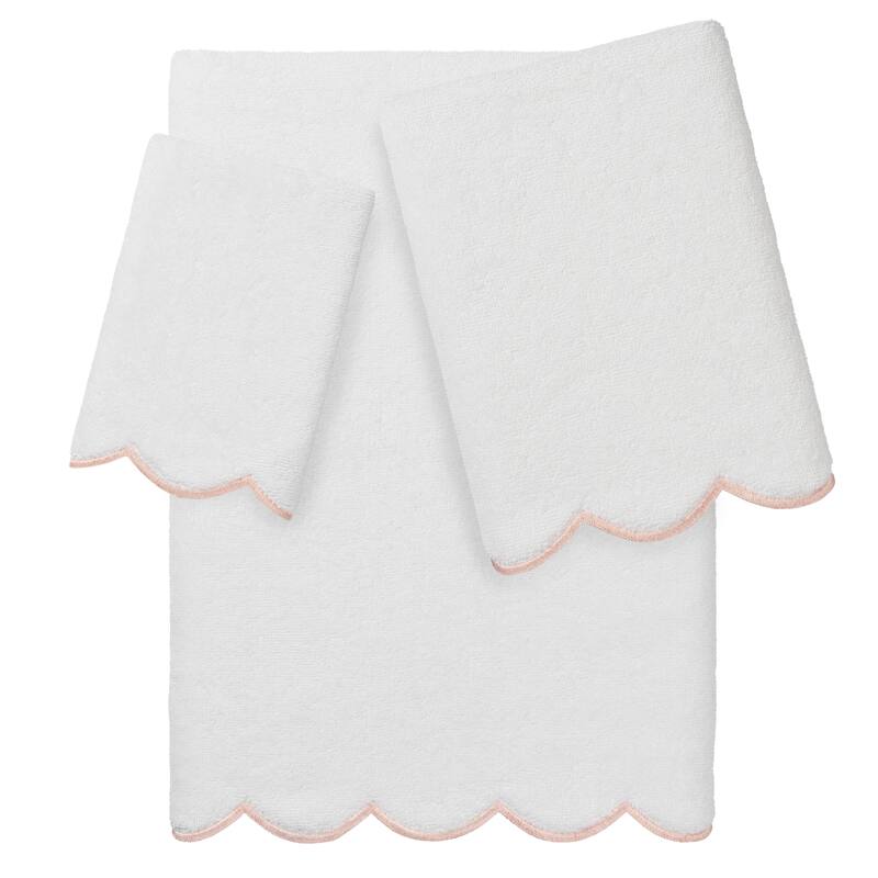 Authentic Hotel and Spa 100% Turkish Cotton ADORNIA Scallop Towel Set - White/Pink - 3 Piece Set