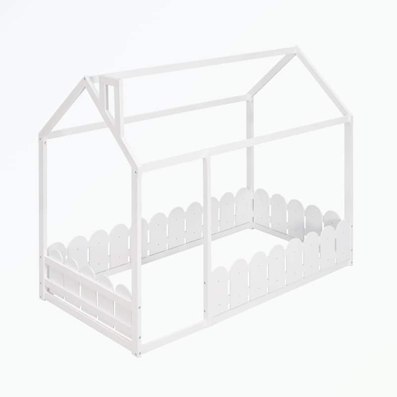 Twin Size Wood Bed House Bed Frame with Fence