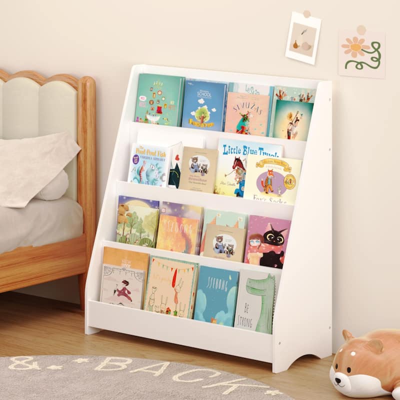 Anmytek 4-Tier Freestanding Kids Bookshelf with Slanted Front, White MDF Display Shelf for Bedroom Playroom Nursery Organization