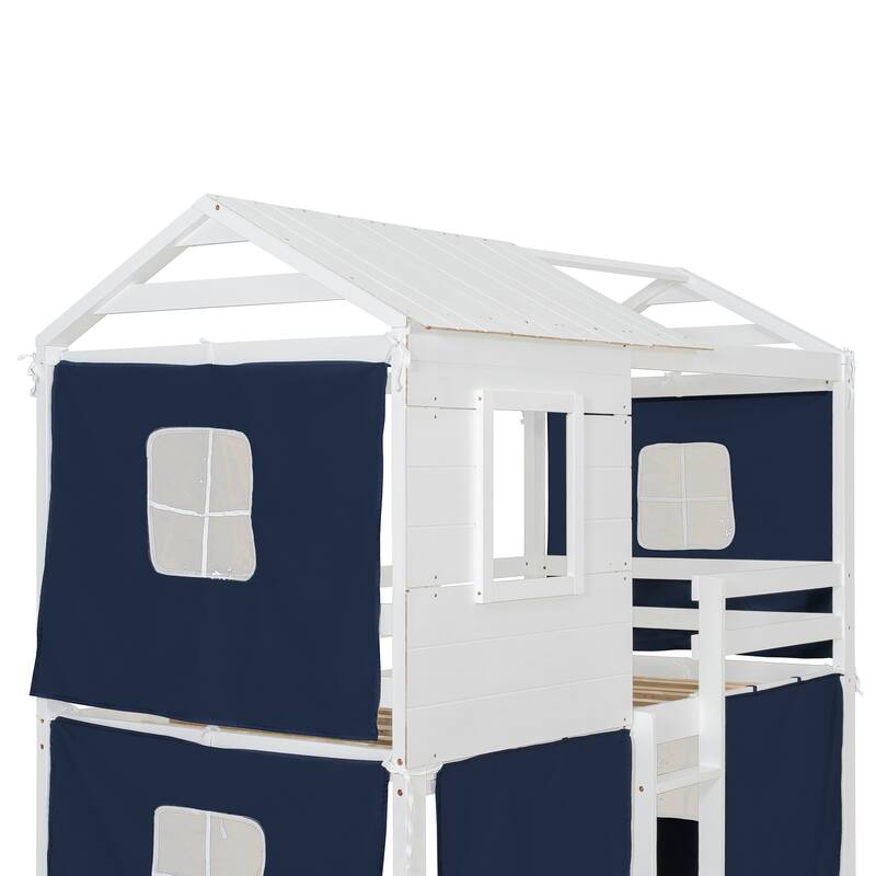 Twin Size Bunk Bed with Playhouse Tent Design and Solid Pine Wood Frame