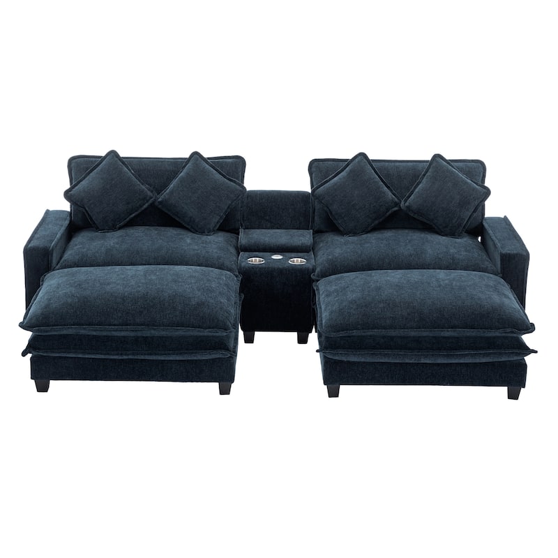 111" Chenille Sectional Sofa Set with USB Ports & Cup Holders, Oversized Chaise Lounge Modular Loveseat with 2 Ottomans