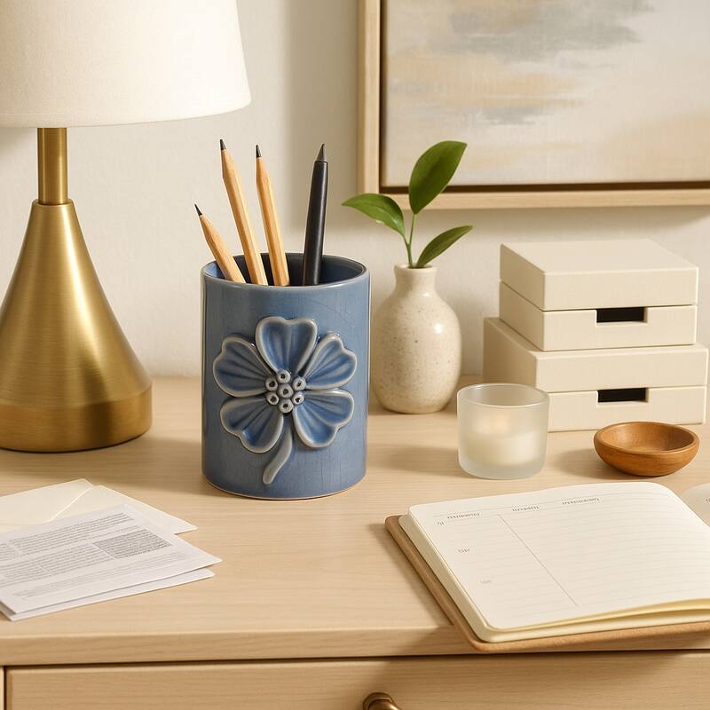 Ceramic Cute Pencil Cup Decorative Flower Office Desk Accessory