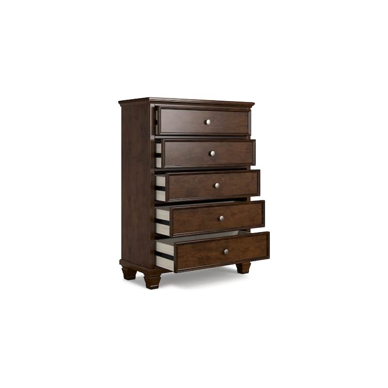 Reno Tall Dresser Chest, 5 Drawer Nickel Round Knobs, Brown Solid Wood