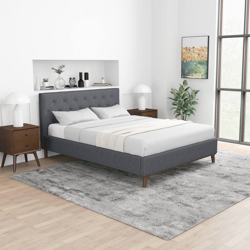 Queen Size Modern Upholstered Platform Bed with Tufted Headboard and Solid Wood Frame, Fabric Grey