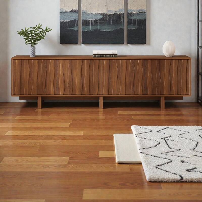 Retro Wood Grain TV Stand with Wavy Doors, Rustic Media Console for TVs up to 75", Storage Cabinet