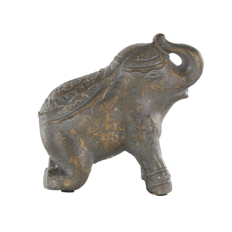 Dark Gray Paper Mache Handmade Distressed Carved Elephant Decorative Sculpture with Wood Inspired Accents