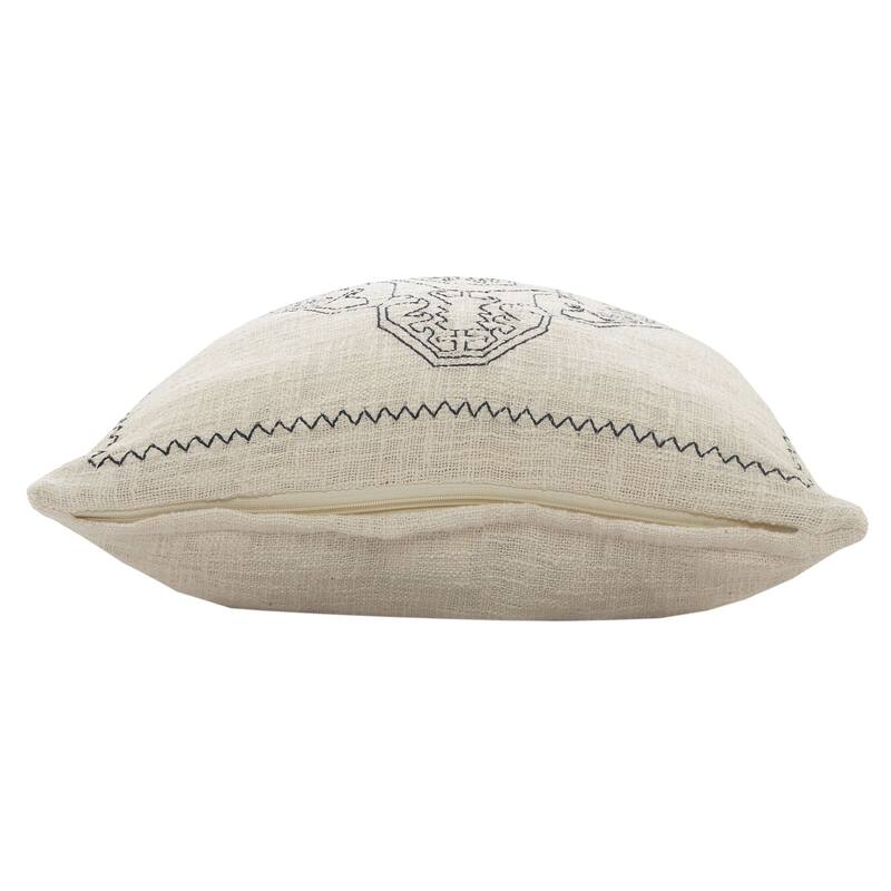 20" Blue and Off White Embroidered Damask Medallion Square Throw Pillow