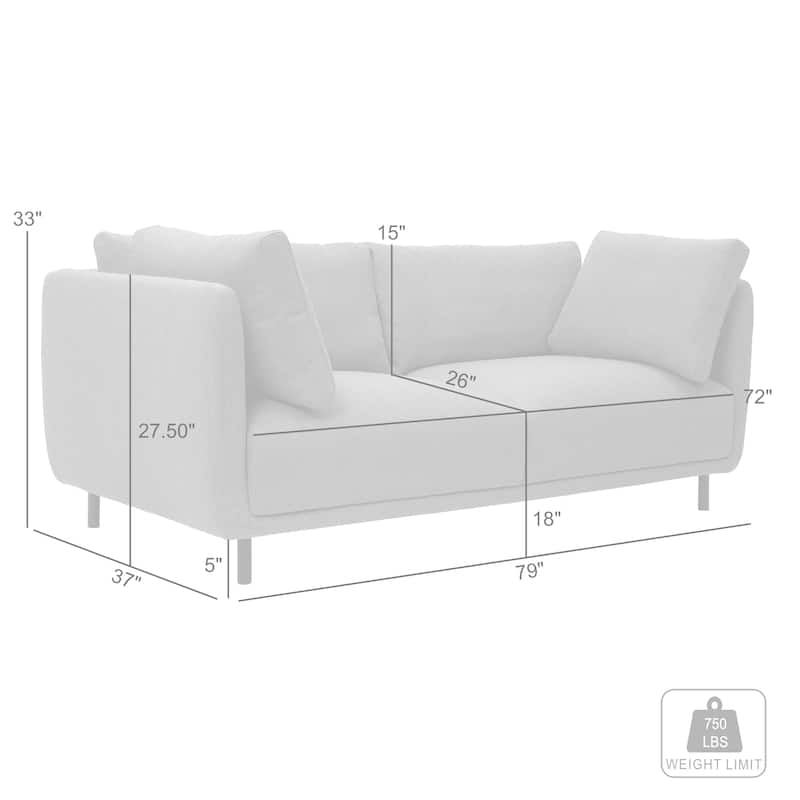 Serenity 79" Fabric or Velvet 3 Seater Cloud Sofa Couch with Black Metal Legs