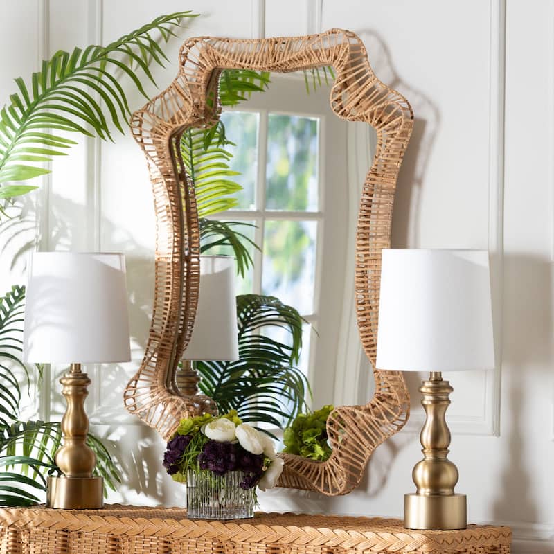 Yusra Natural Rattan Wall Mirror - Handwoven Wicker Frame with Freeform Silhouette, Coastal Boho Wall Décor - Natural Brown