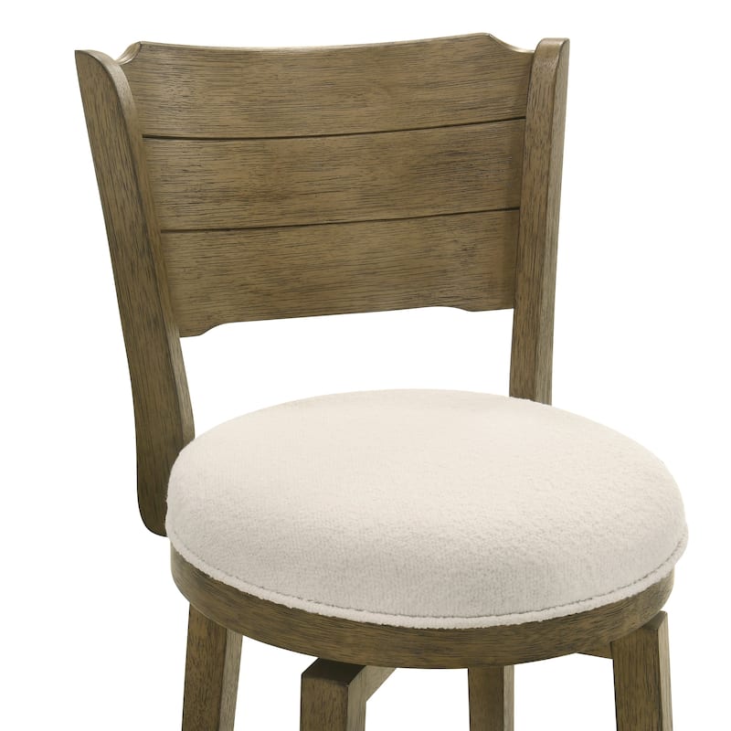 Winsley Coastal Modern Swivel Wood Counter Height Kitchen Bar Stool with White Boucle Fabric Upholstered Seat