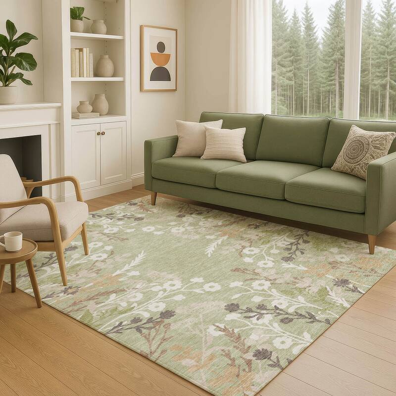 Machine Washable Indoor/ Outdoor Floral Border Chantille Rug