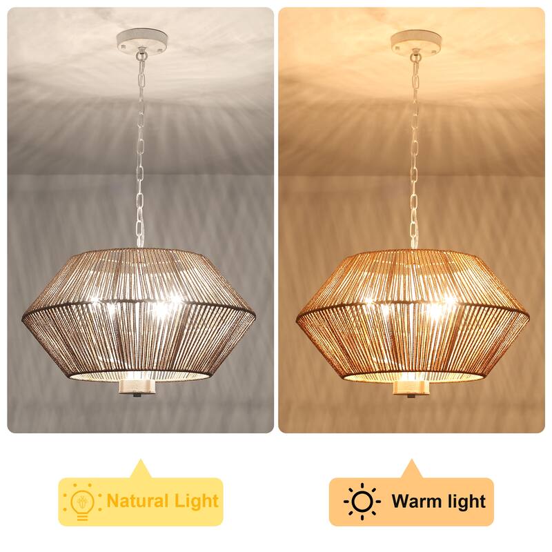 4-Light Dimmable Pendant Light, Paper Rattan Lampshade Candle Chandelier for Living Room with no bulbs included