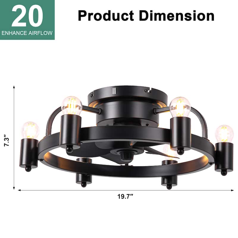 Cusp Barn 20 Inch Black Low Profile Flush Mount Ceiling Fan with Light and Remote, Industrial 6 Speeds DC Motor Ceiling Fan