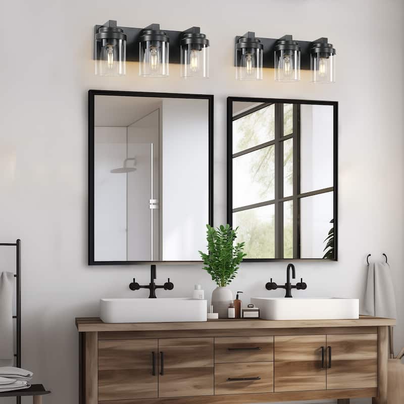 3 Light Bathroom Vanity Light, Matte Black Bathroom Light Fixtures with Clear Glass Shade, Vanity Light Fixtures Over Mirror