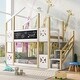 preview thumbnail 3 of 9, Twin over Twin House Shaped Bunk Bed with CPC and White Storage Staircase, Wooden House Bed with Blackboards & Roof - White