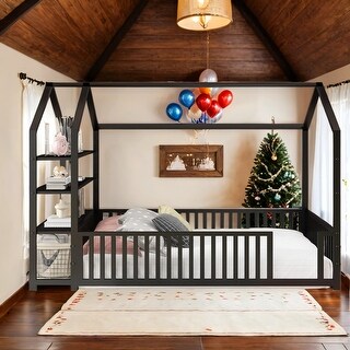House-Shaped Full Size Metal House Bed with Fence-shaped Guardrail and Detachable Storage Shelves For Home