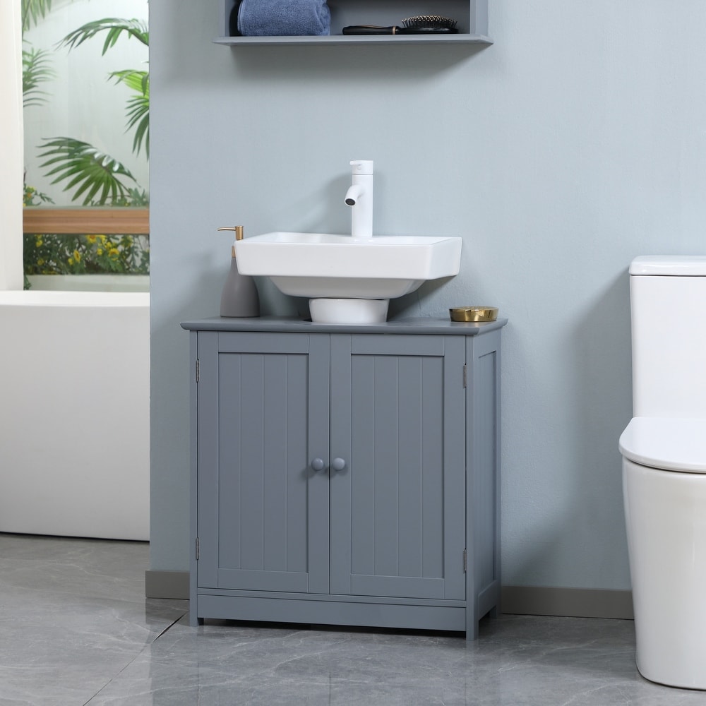 kleankin 24 Bathroom Under Sink Cabinet with Storage, Pedestal Sink  Cabinet, Adjustable Shelf and Open Bottom Shelf, Grey