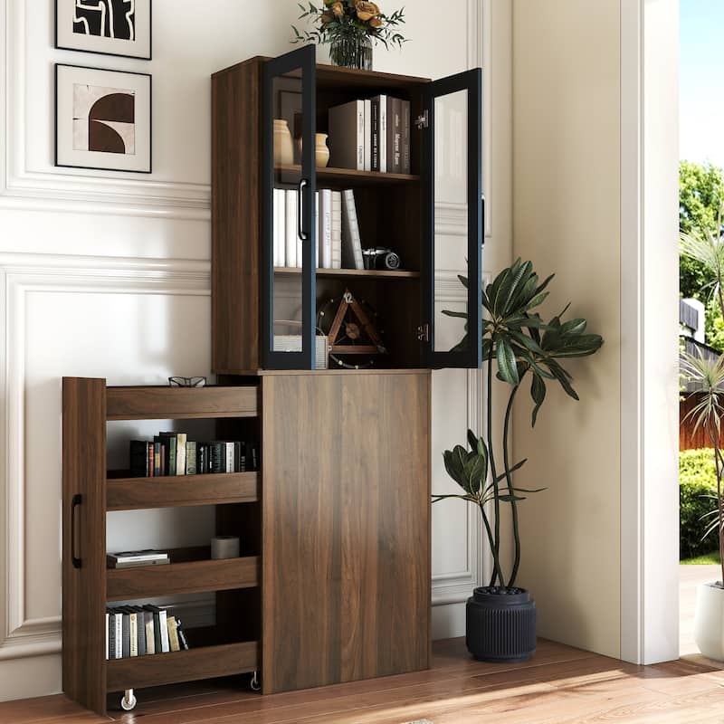 70.87"H Display Storage Cabinet, 4 Tier Pull-out Storage Shelf & 2 Glass Doors