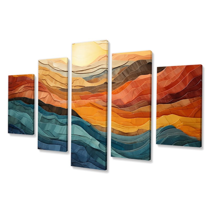 Designart "Coral Teal Bold Mountains Landscape" Modern Multipanel Canvas Wall Art set
