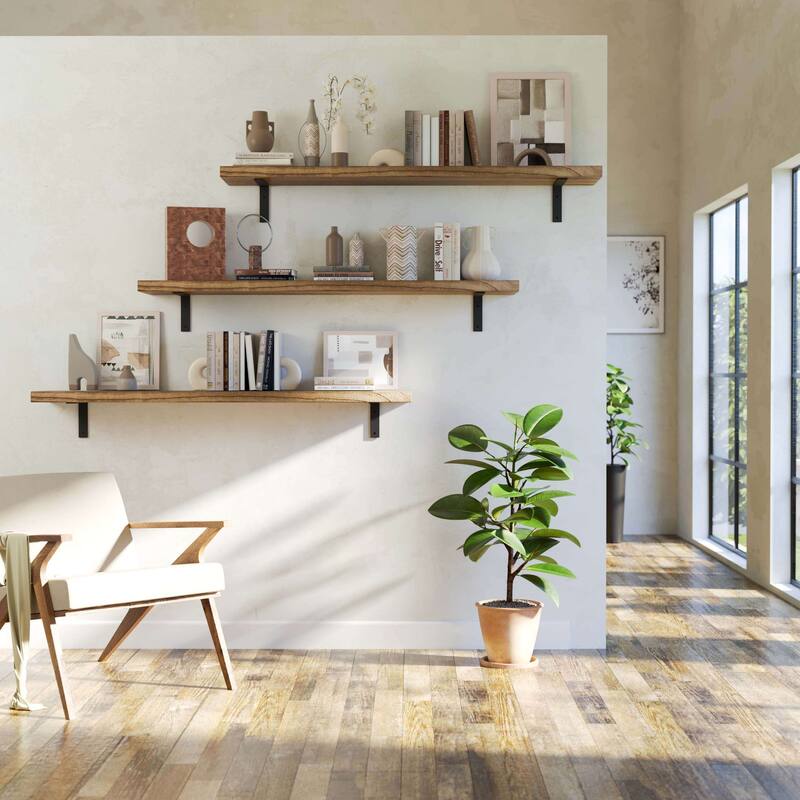 Wallniture Cervo Floating Shelves, Wall Bookshelves, 60" or 72'' Long, 11.25'' Deep, 1.5'' Thick Wood Board, Burnt