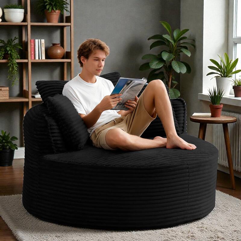 Round Accent Chair, Corduroy Boneless Deep Seat Floor Lounge Chair with 3 Pillows, No Assembly - Black