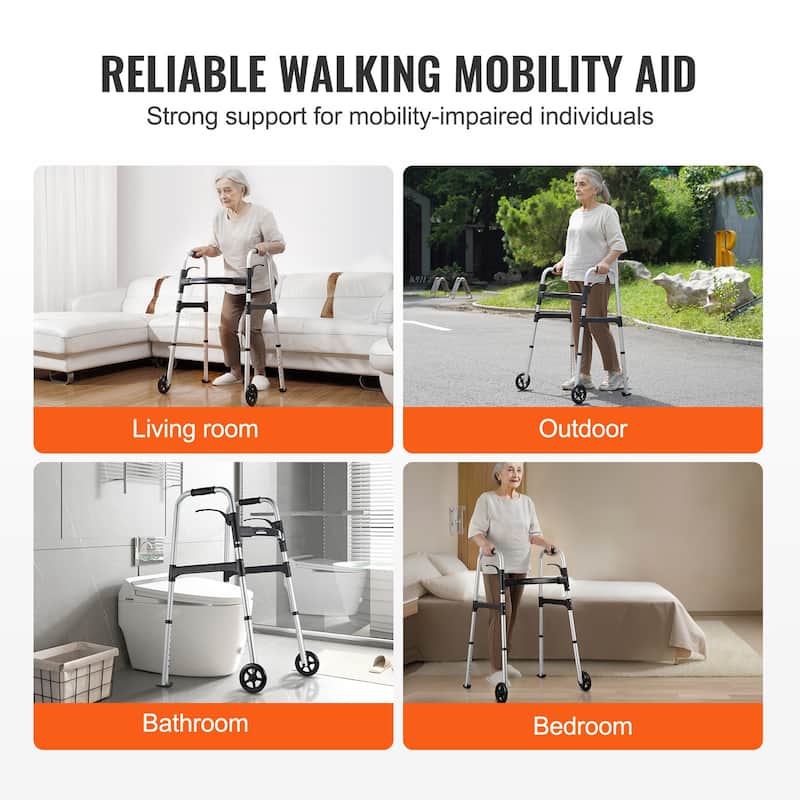 Folding Walker, 2-Button Folding Walkers, Front Wheeled Rolling Walkers for Seniors and Adults, Up to 350 Pounds