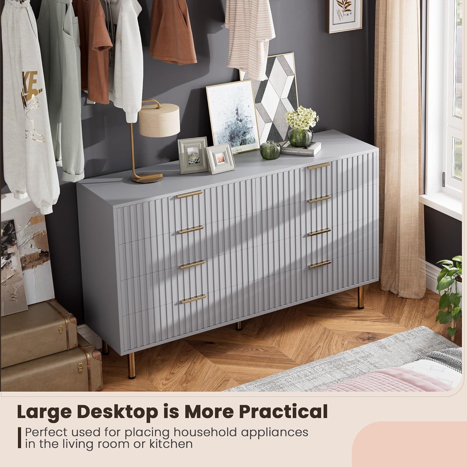 grey fluted dresser 8-Drawer Modern Fluted Grey Dresser, 55 Inch Wide Chest, Deep Drawers, Large Organizer for Bedroom, Living Room, Kids Room