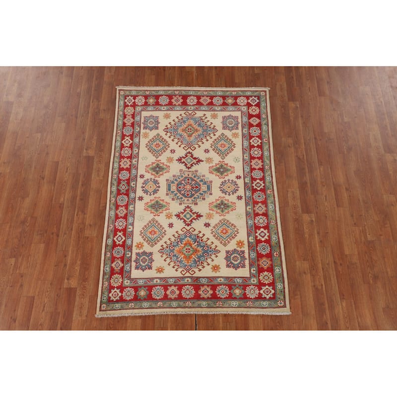 Red Geometric Kazak Area Rug Handmade Oriental Wool Carpet - 4'0" x 6'0"