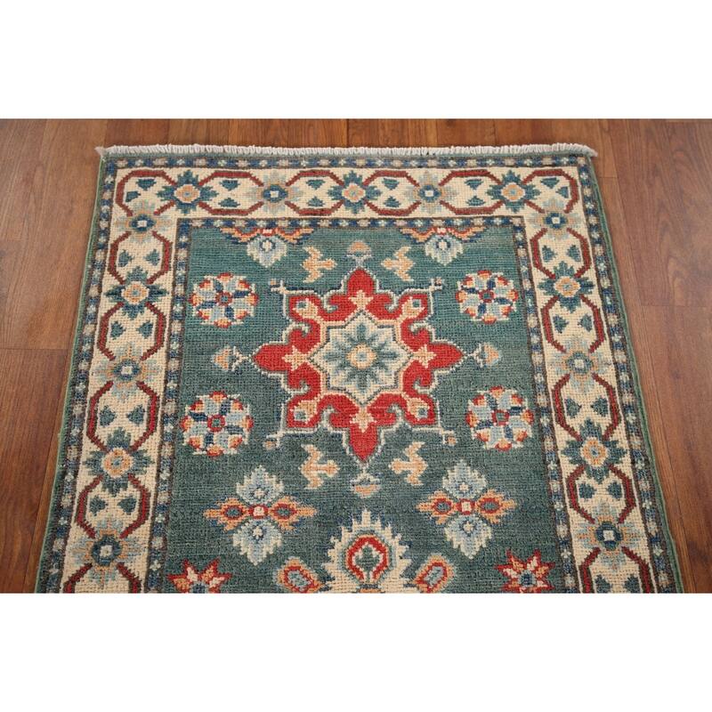Geometric Green Kazak Oriental Runner Rug Hand-Knotted Wool Carpet - 2'3" x 5'11"