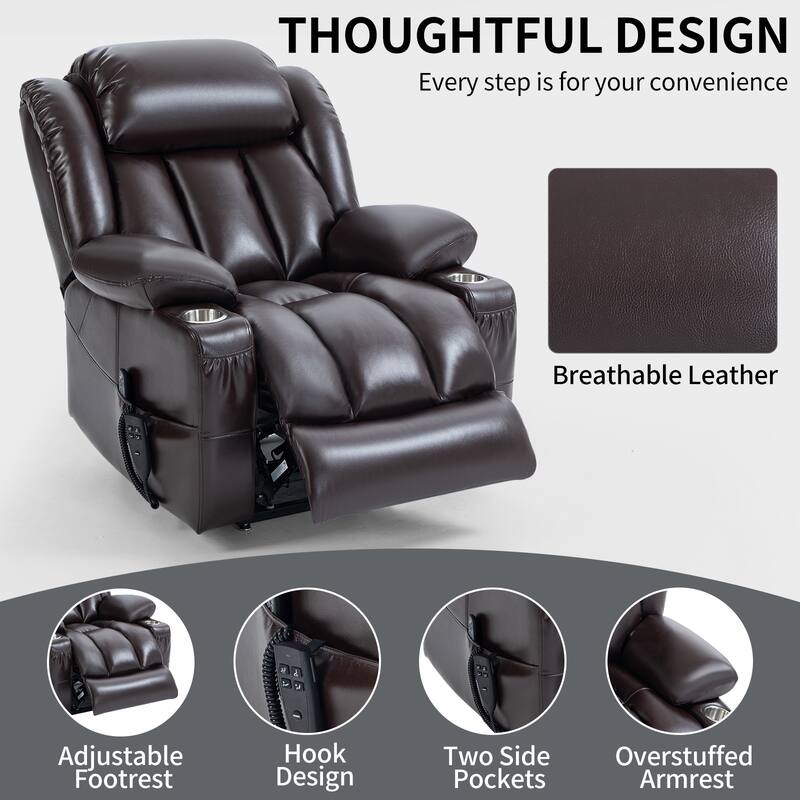 Dual Motor Power Lift Recliner Chair for Adults, Lay Flat Faux Leather Recliners w/Massage Heat, Cup Holders, Infinite Position