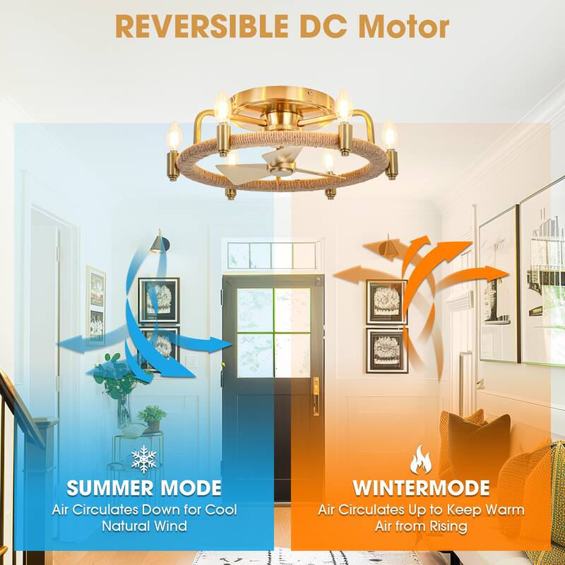 20.4" Gold Hemp Rope Chandelier Low Profile Caged Ceiling Fan with Light - 20.35 in. D x 20.35 in. W x 6.54 in. H