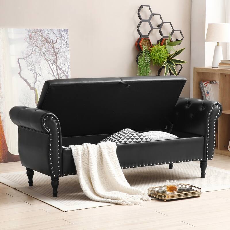 63" PU Upholstered End of Bed Bench with Flip Top Storage and Nailhead Trim