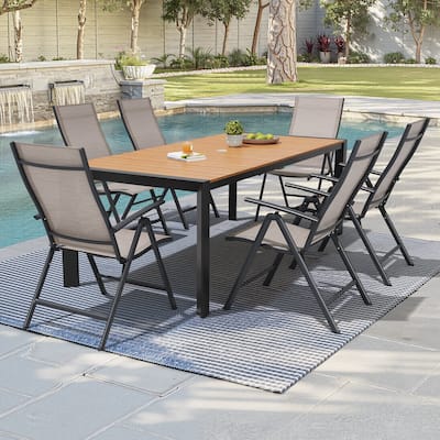 7-Piece Outdoor Aluminum Patio Dining Table with Umbrella Hole and Folding Dining Chair Set