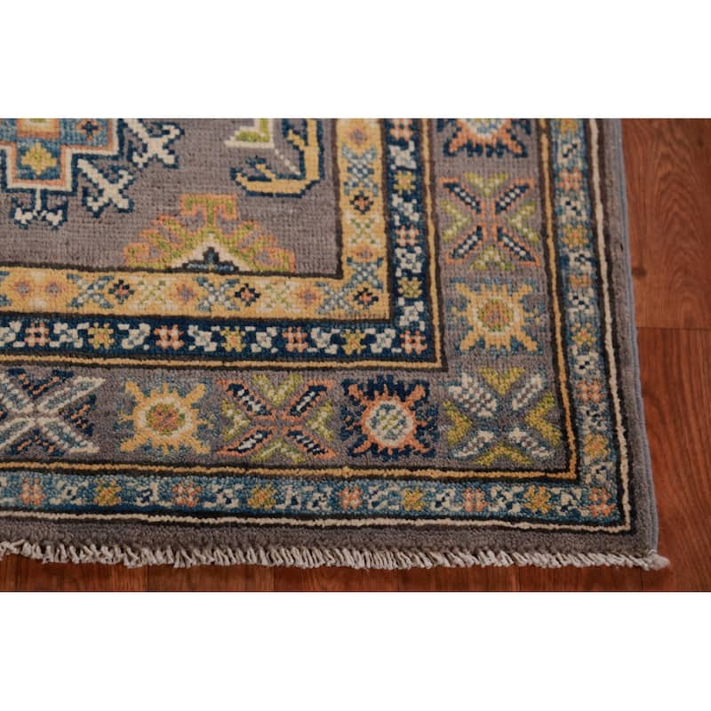 Gray Geometric Kazak Foyer Rug Hand-Knotted Wool Carpet - 2'8"x 4'1"