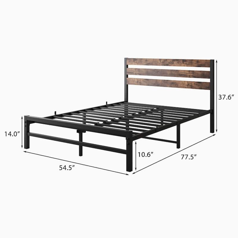 Full Size Platform Bed Frame with Rustic Vintage Wood Headboard
