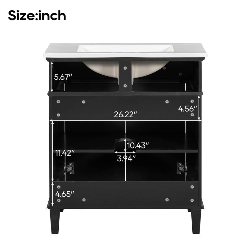 30-inch Bathroom Vanity With Ceramic Basin, Soft Close Door And Adjustable Shelves