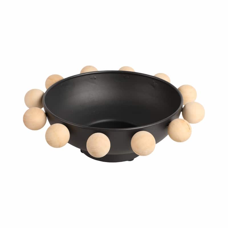 Wood and Metal Decorative Bowl with Fir Sphere Accents Modern Decor