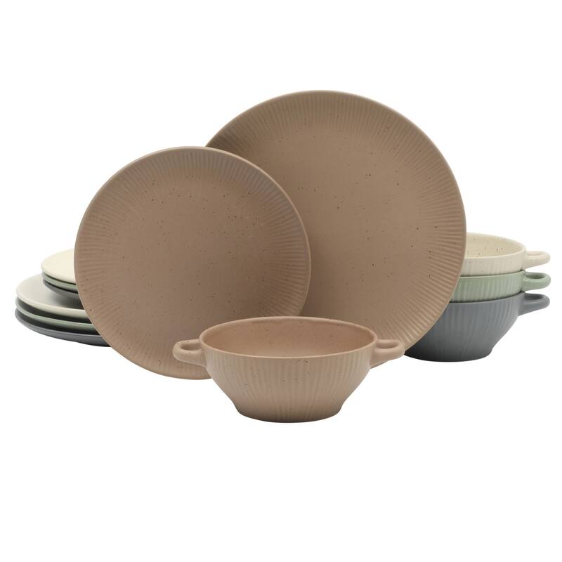 Gibson Elite Clover Hill 12-Piece Stoneware Dinnerware Set - Embossed Reactive Glaze - Service for 4 - Multi