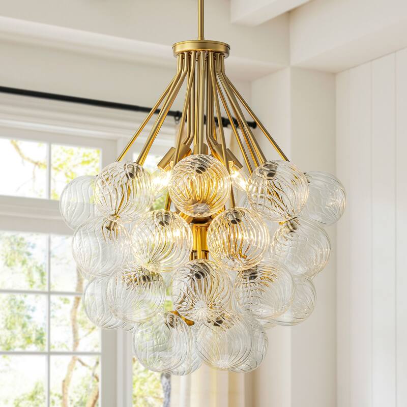 12-Light Mid-Century Modern Gold Sputnik Textured Glass Globe Bubble Chandelier for Dining Room - 25.5 in. W x 27.5 in. H - 25.5 in. W x 27.5 in. H - Brushed Gold