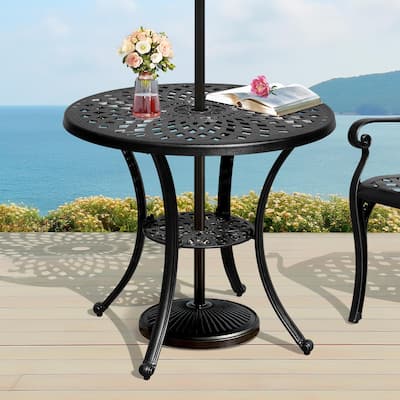 Moasis 30.7" Outdoor Patio Round Antique Cast Aluminum Dining Table with Umbrella Hole