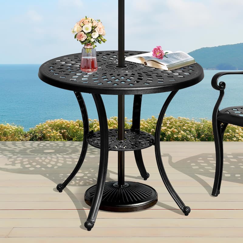 Moasis 30.7" Round Antique Cast Aluminum Outdoor Patio Dining Table with Umbrella Hole