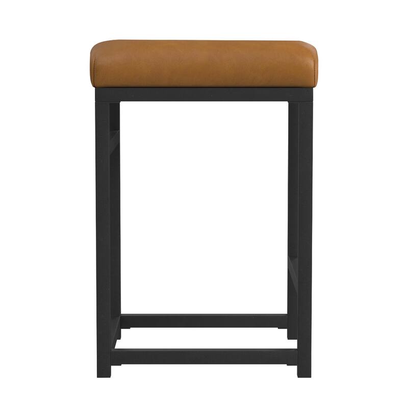 Toko Backless Counter Stool, Brown Faux Leather, Industrial Black