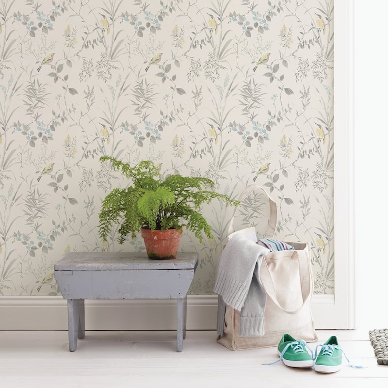 Compton, Imperial Garden Blue Botanical, 33' L X 20.5 W, Wallpaper Roll - Grey