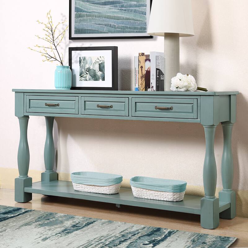 Retro Blue Pine Wood Console Table with 3 Drawers and 1 Bottom Shelf - Blue
