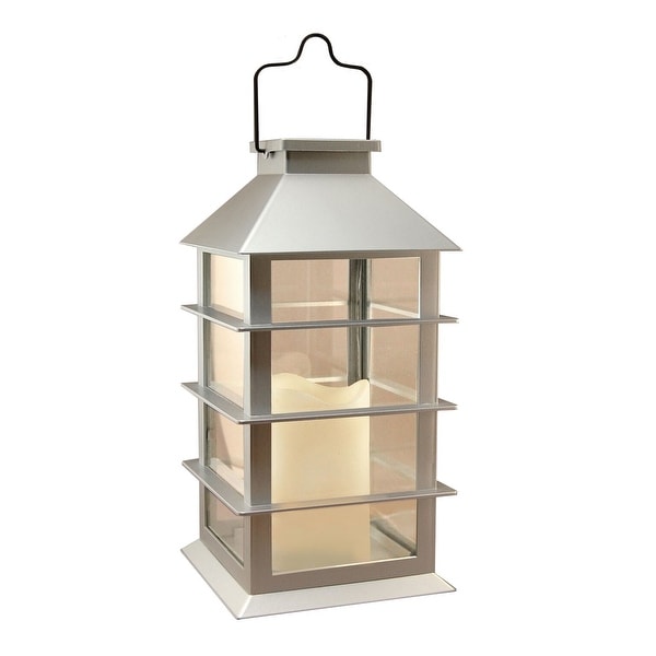 13.5" Silver Colored Horizontal Styled Solar Powered Lantern with LED Candle - N/A