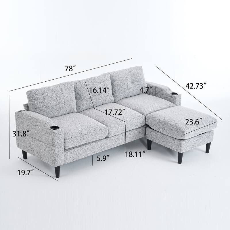 Convertible L-Shaped 3-Seater Sofa with Footstools and Storage, White+Black Metal Sofa for Living Room/Small Space