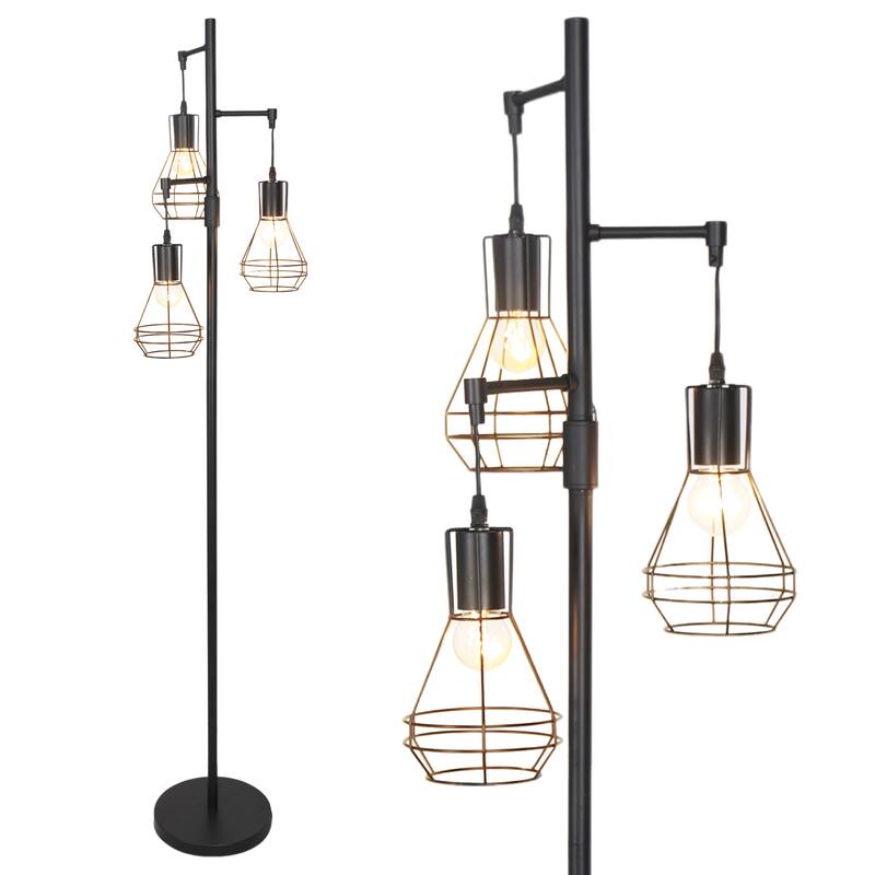 Industrial 3-Light Metal Tree Floor Lamp With Round Shades