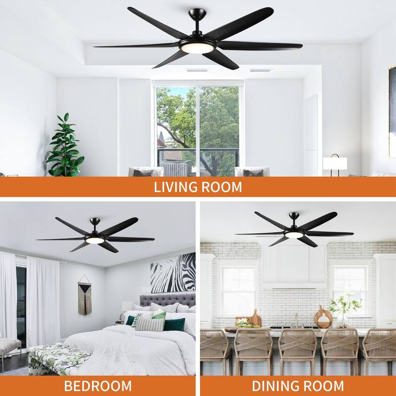 65-inch Modern Black Large Dimmable Ceiling Fan with LED Light and Remote - 65" W x 13.3" H/16.3" H