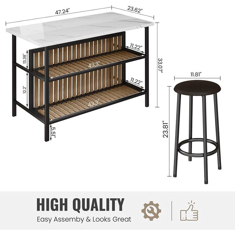 Mieres Kitchen Island with 2 Stools and Open Shelves